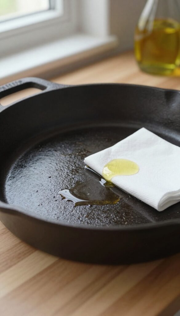 Applying a thin layer of oil to a clean cast iron skillet with a paper towel
