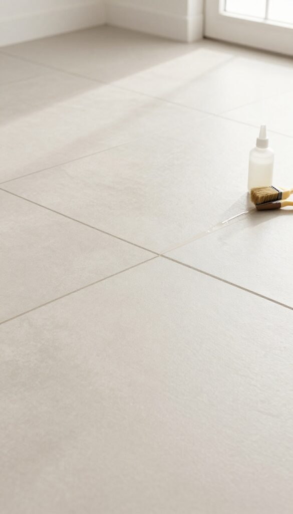 Close-up of sealed tile grout lines with applicator bottle and brush in natural light