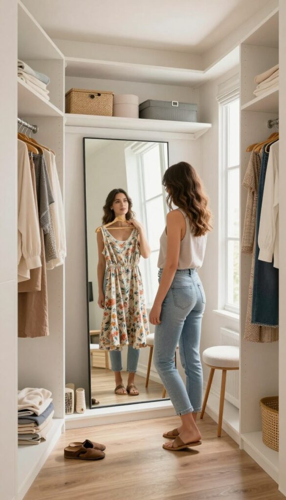 Woman trying on a dress in a bright, organized closet, deciding whether to keep or declutter it.