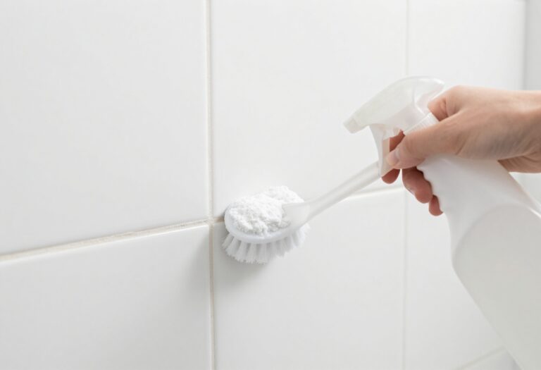 Cleaning shower grout with a brush and baking soda paste