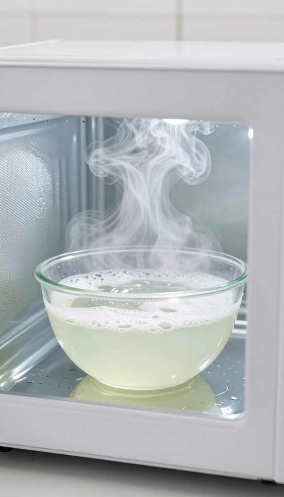 Steaming vinegar and dish soap solution in a microwave-safe bowl inside a clean microwave