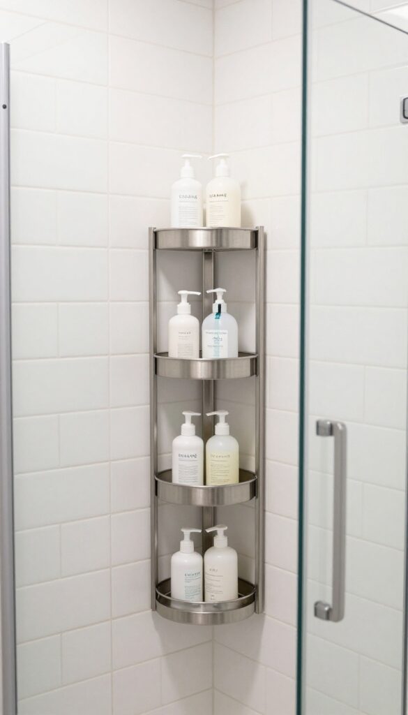 Corner shower caddy holding bottles in a small tiled shower, flush against the corner, no clutter
