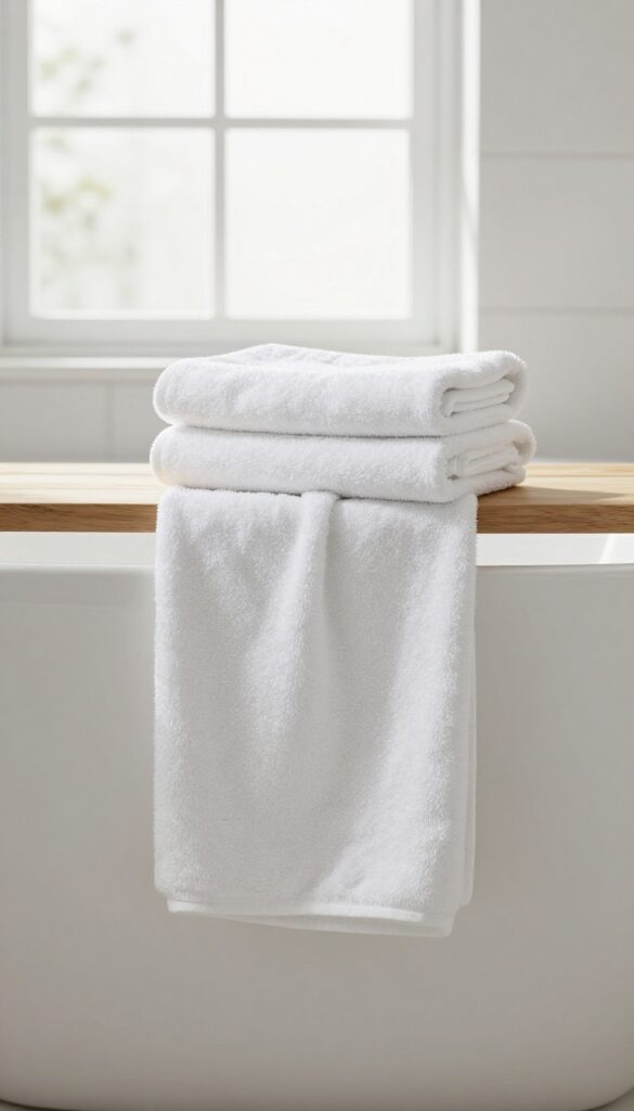 Fresh towels and a clean bath mat in a bright bathroom