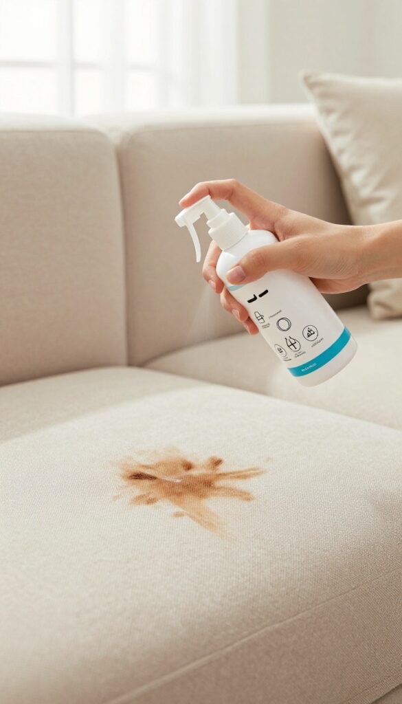 Person applying enzymatic cleaner to a pet stain on a beige fabric couch