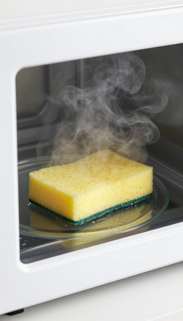 Wet sponge steaming inside a microwave to clean it