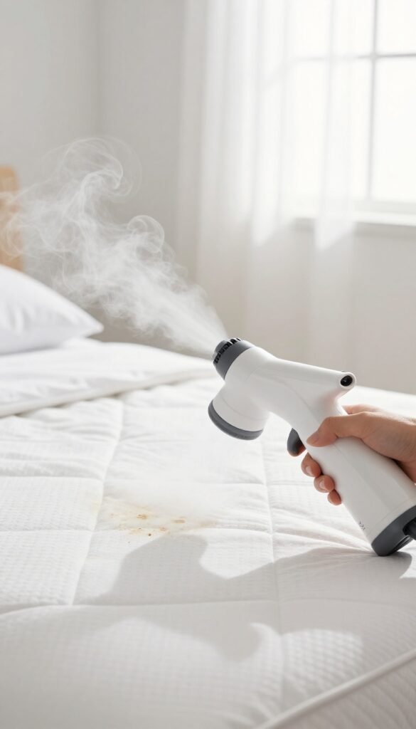 Handheld steam cleaner removing a deep-set stain from a mattress without rubbing