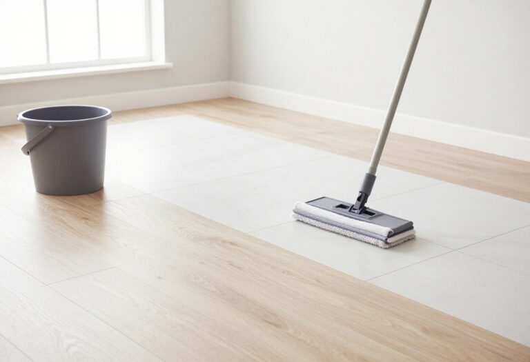 Clean floor with mop and bucket in bright living room