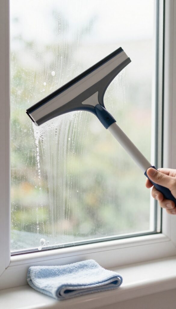 Person using squeegee to clean window, leaving streak-free glass