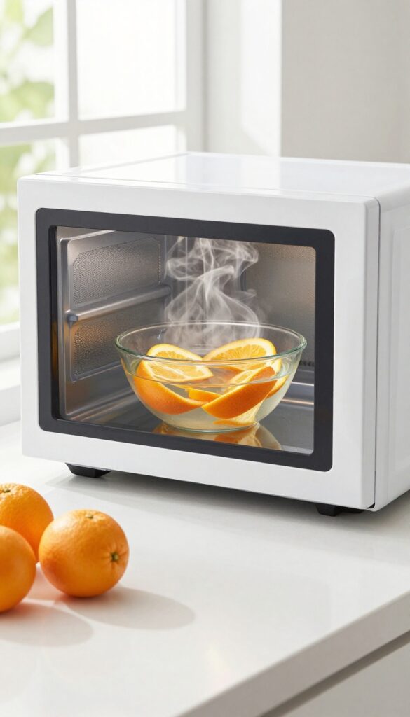 Steam cleaning a microwave with orange peels in a bowl, natural light, clean kitchen countertop