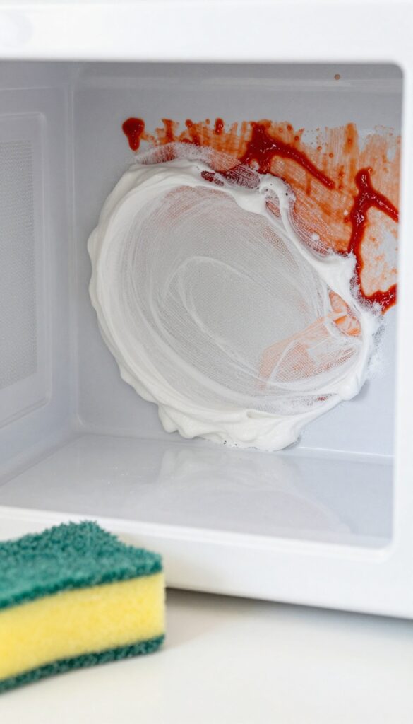 Baking soda paste applied to stubborn stain inside microwave