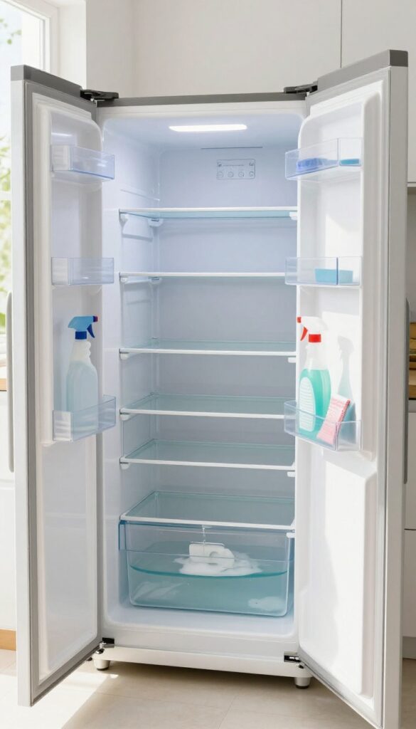 Empty refrigerator with shelves removed and soaking in sink, natural light, clean kitchen
