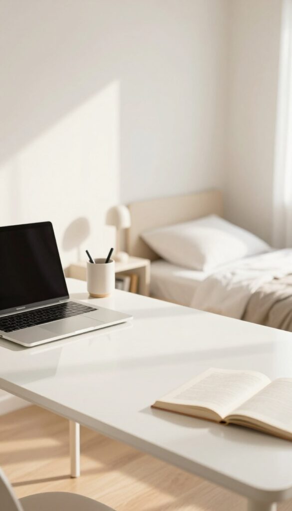 A clean desk with only a laptop, lamp, and pen holder, in a bright, tidy room with natural light.