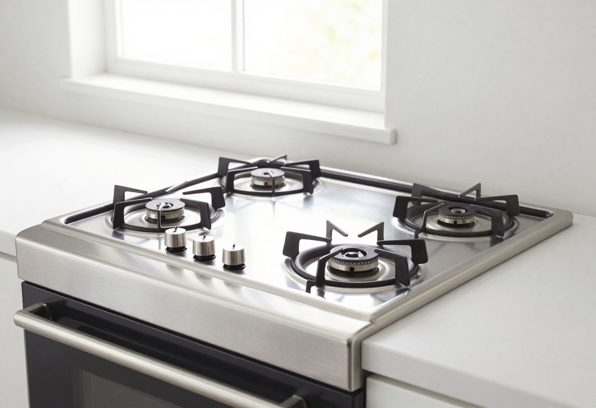 Clean gas stove with shiny burners and grates