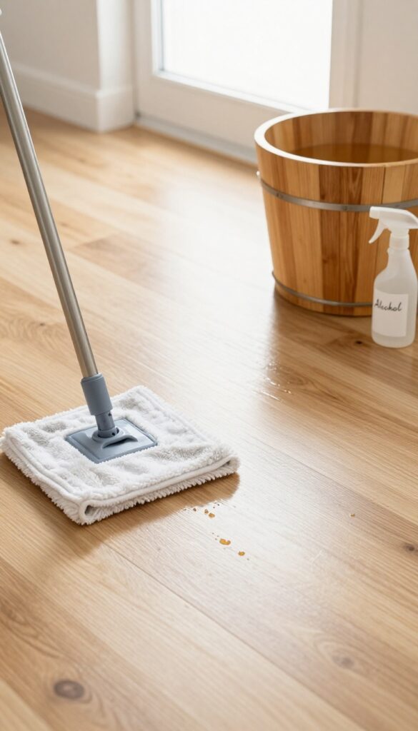 Cleaning laminate wood floor with rubbing alcohol solution for streak-free shine