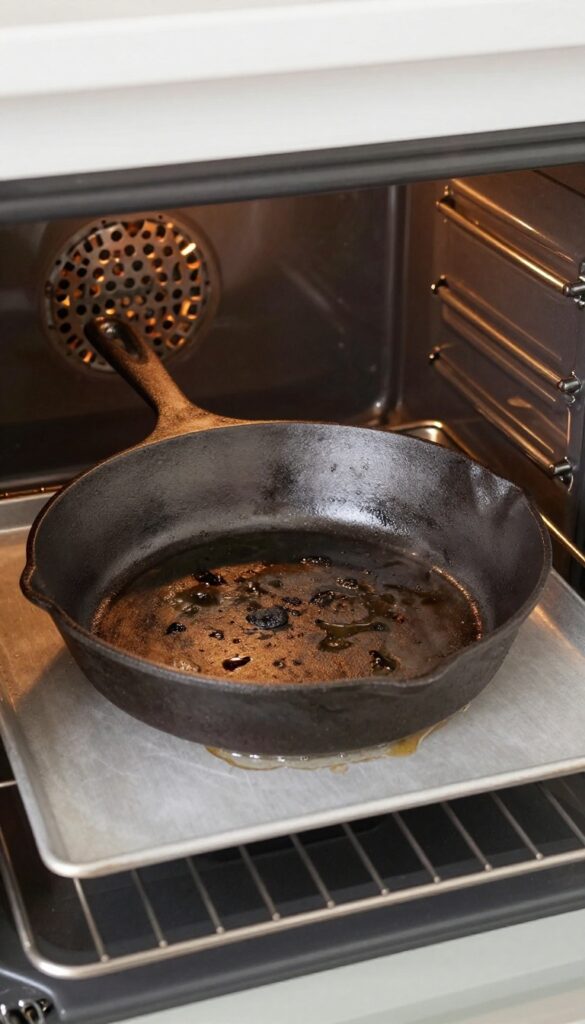 Cast iron skillet in oven self-cleaning cycle, upside down on rack