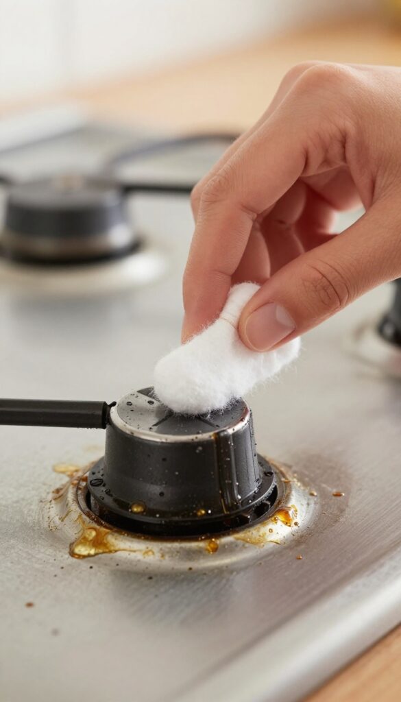 Cleaning stove top knobs with a cotton swab and rubbing alcohol