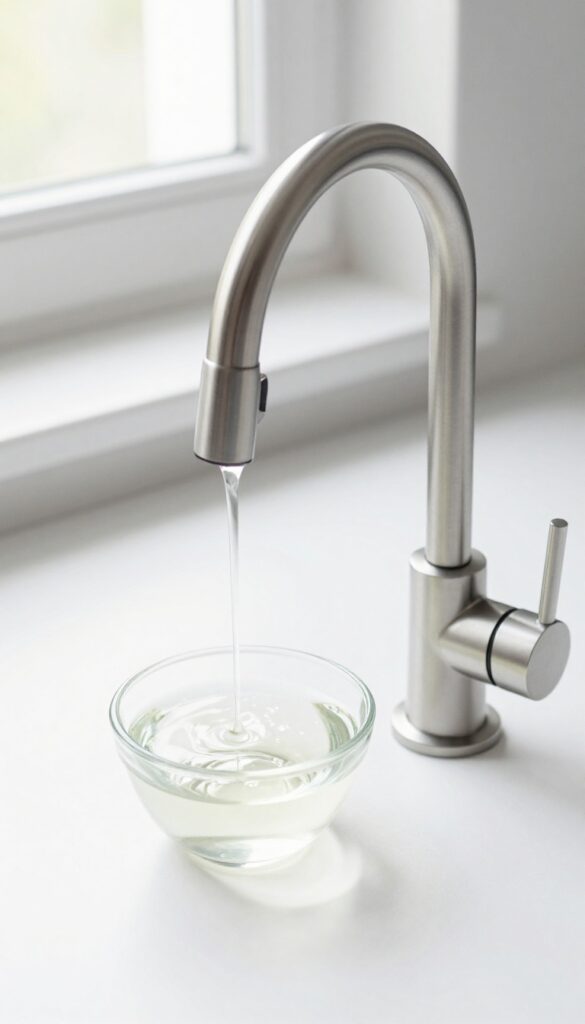 Close-up of a faucet aerator soaking in a bowl of white vinegar on a clean kitchen counter.