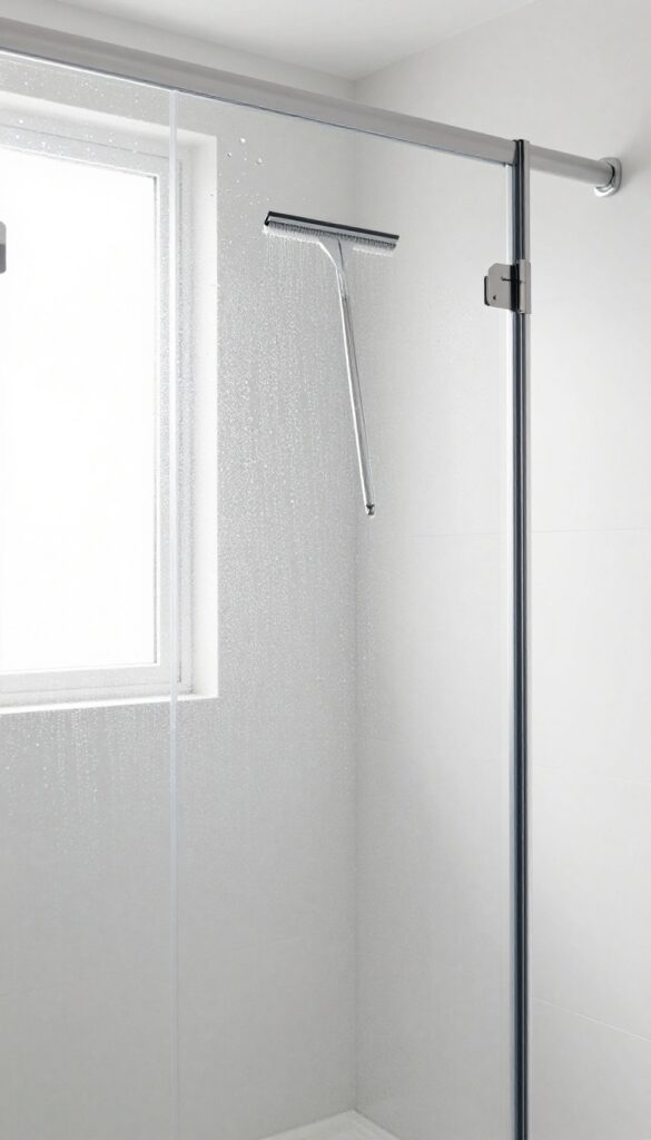 Person squeegeeing a wet shower glass door to prevent water spots