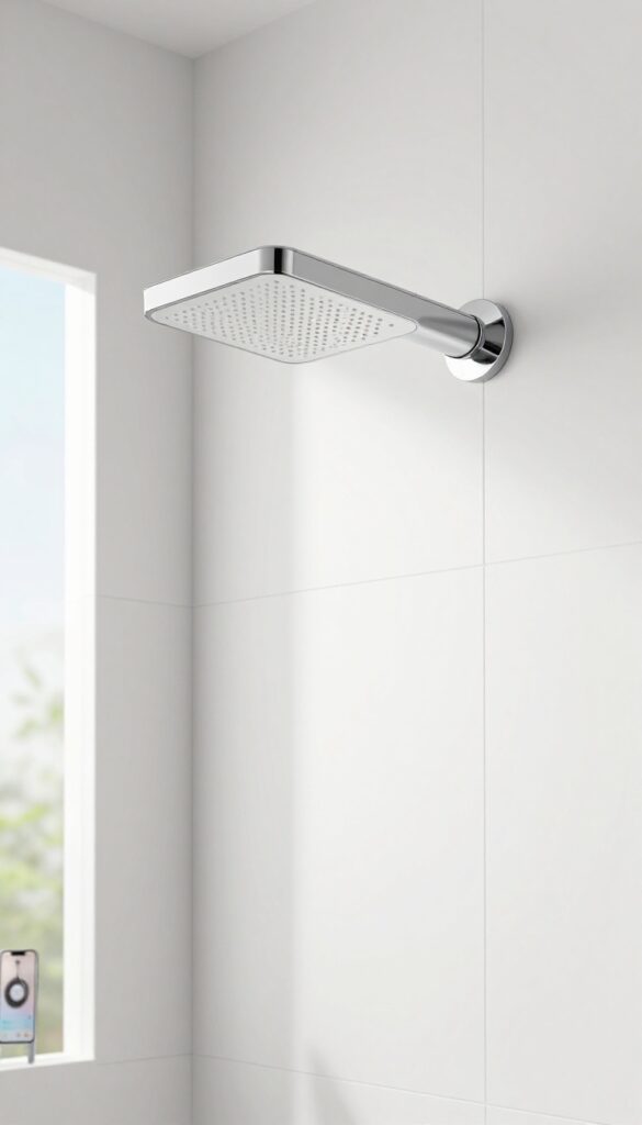 Modern shower head with built-in Bluetooth speaker in a bright bathroom