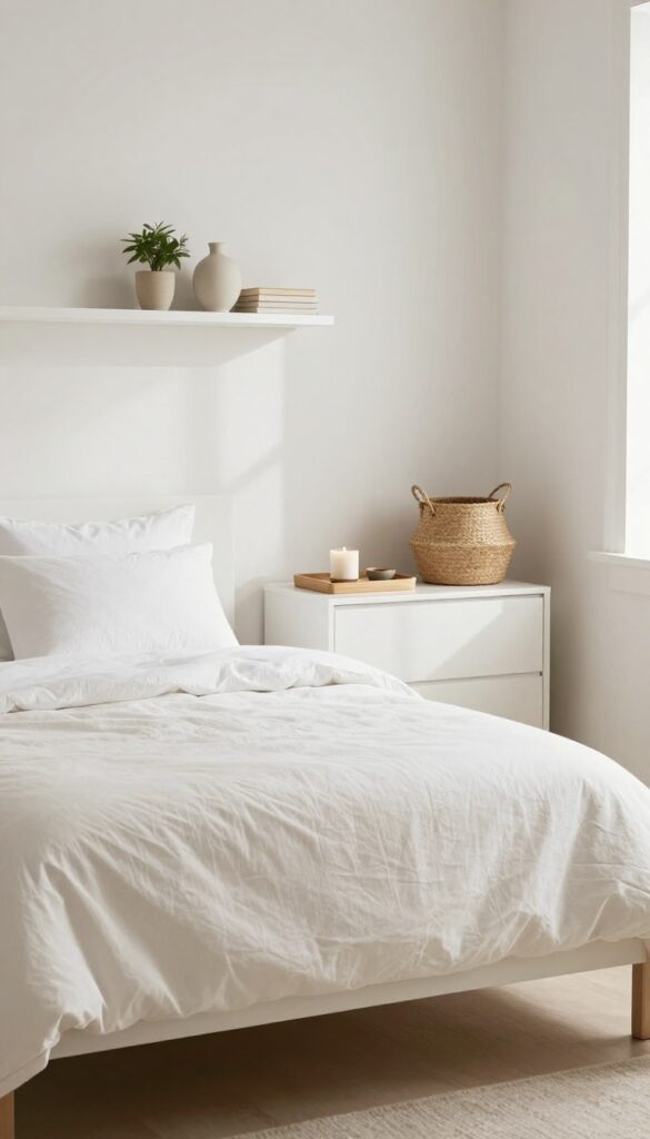 A minimalist bedroom with curated decor, natural light, and clean surfaces