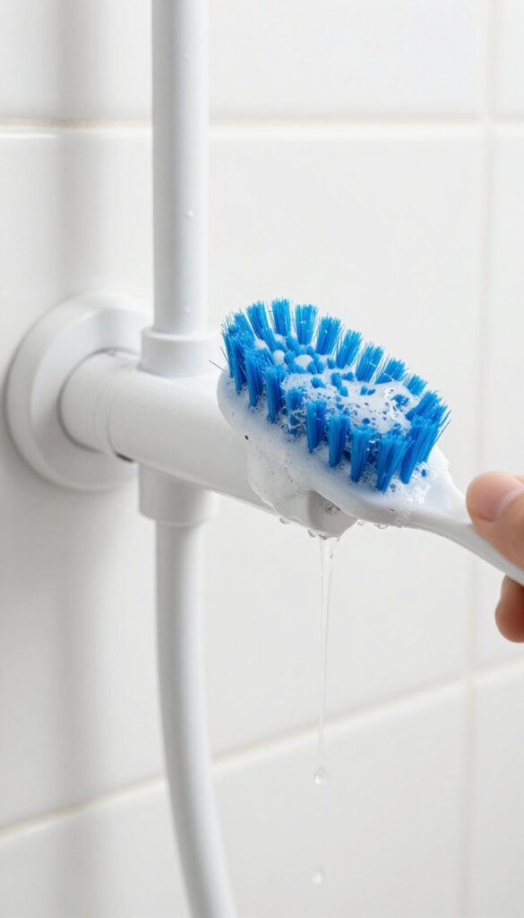 A toothbrush scrubbing the grimy track and hinge of a shower door