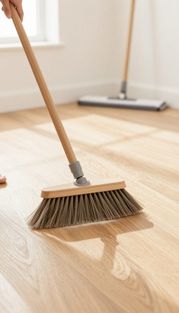 Soft broom sweeping dust on hardwood floor