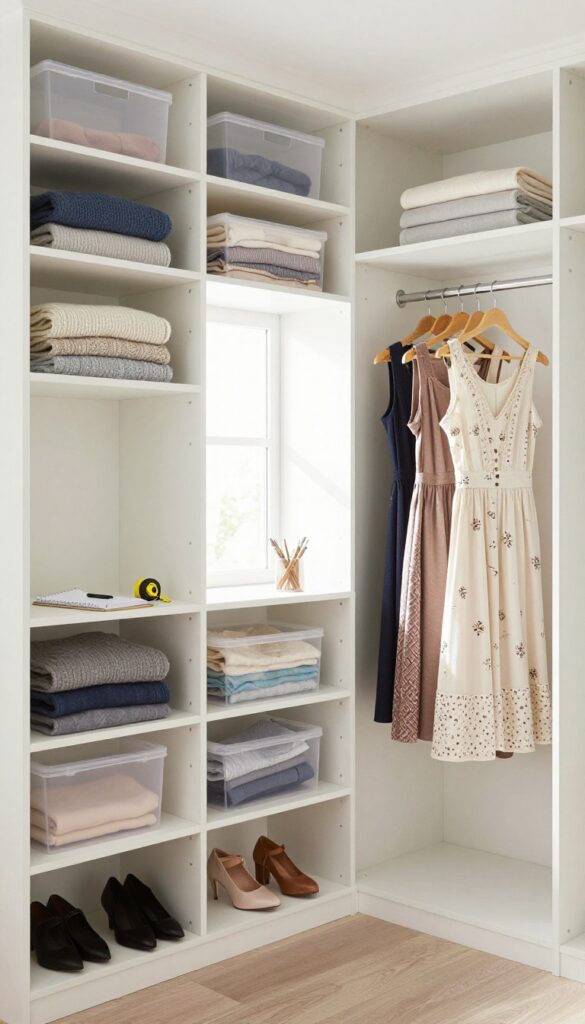 Closet organization with storage solutions like clear bins, velvet hangers, and a shoe rack, with a tape measure and notepad for planning.