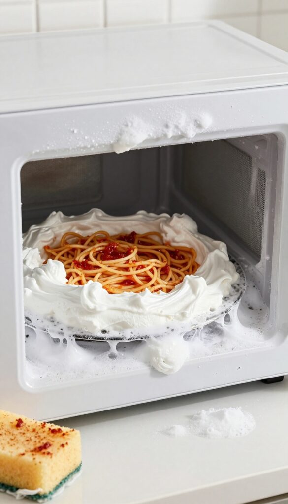 Baking soda paste applied to stuck-on food inside a microwave