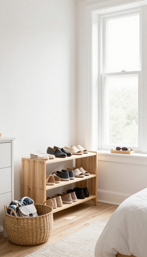 Organized bedroom with shoes on a rack, accessories in a basket and tray, clean and clutter-free