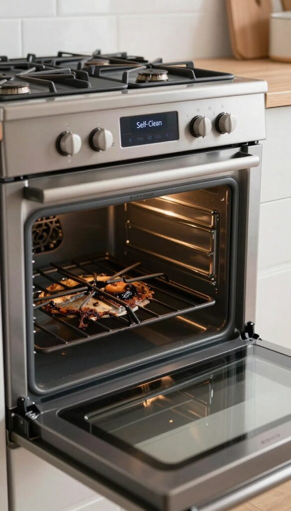 Cast iron gas stove grates placed inside an oven for self-cleaning cycle, with burnt-on grime visible.