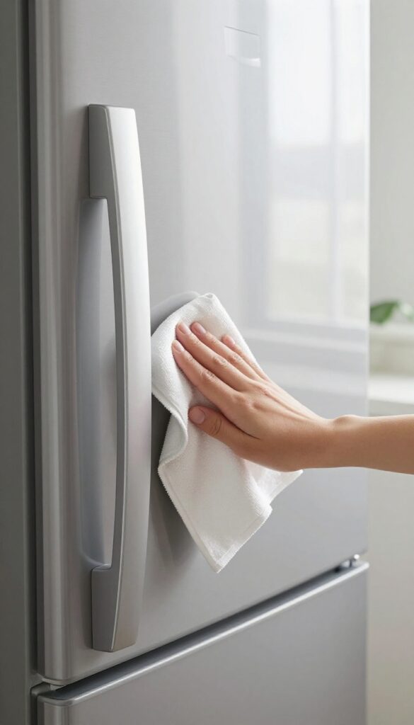 Person wiping refrigerator handle with microfiber cloth