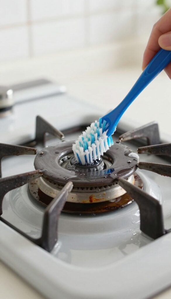 Close-up of cleaning a gas stove burner with a toothbrush, focusing on tight spots around burner ports and knobs.