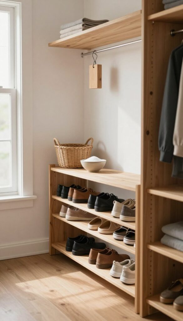 Organized closet floor with shoe rack, basket, and natural deodorizers in soft sunlight