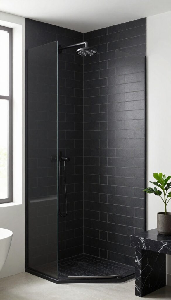 Black subway tile shower with dark grout, matte finish, brushed nickel fixtures, and natural light