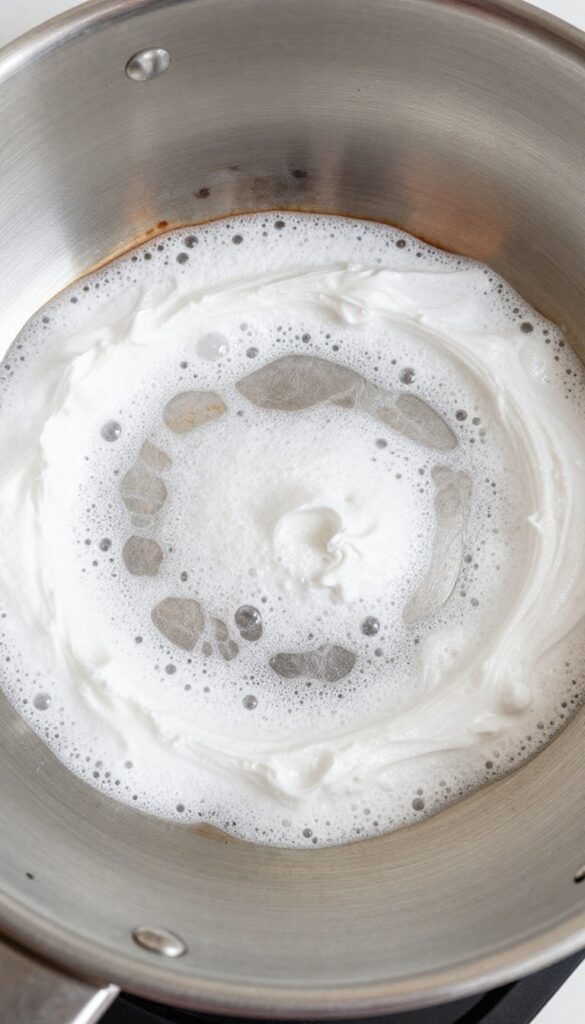Baking soda and hydrogen peroxide paste bubbling on a burnt stainless steel pan