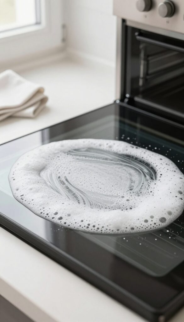 Oven door glass covered in dish soap for grease removal