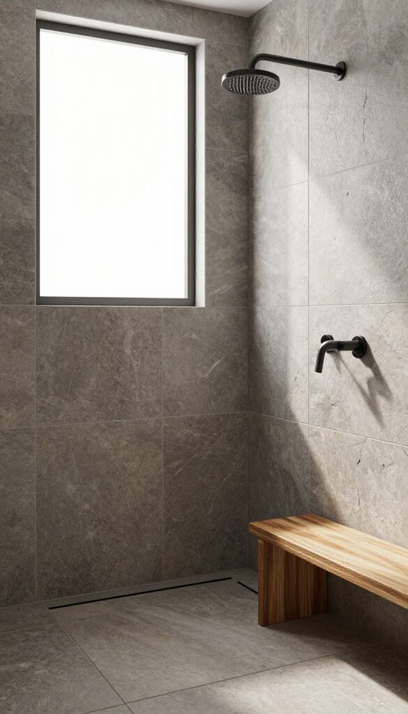 Textured stone tile shower with natural light, matte black fixtures, and wooden bench