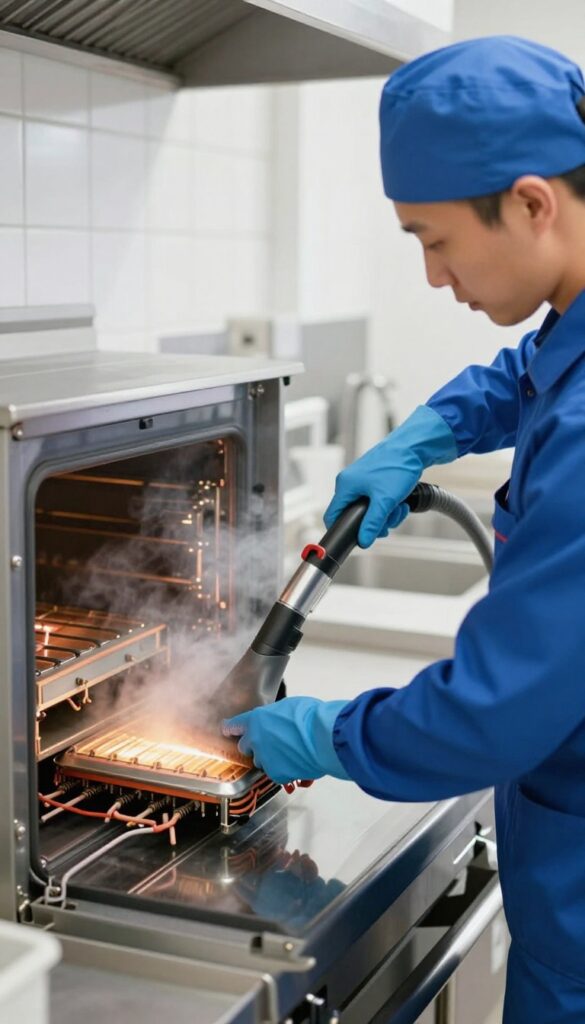 Professional cleaner using steam cleaner on oven with exposed electrical parts