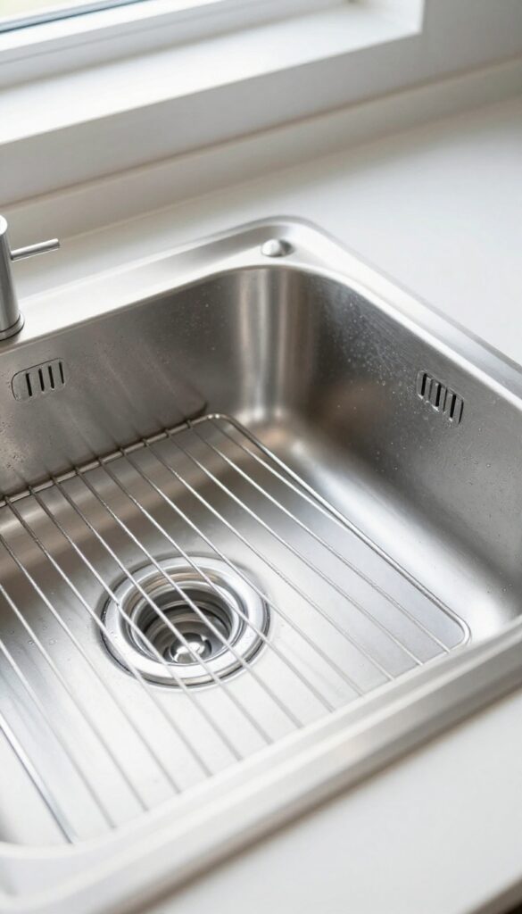 Stainless steel sink with a sink grid protecting the bottom from scratches, bright natural light, clean composition