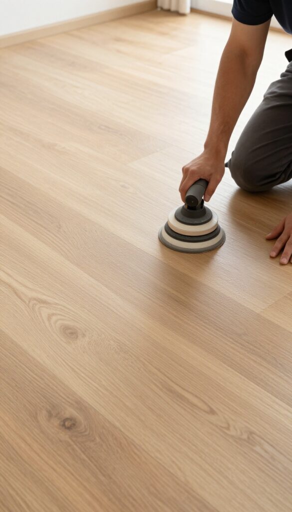 Professional floor restorer repairing a scratched and dull laminate wood floor with a buffer tool in a bright room