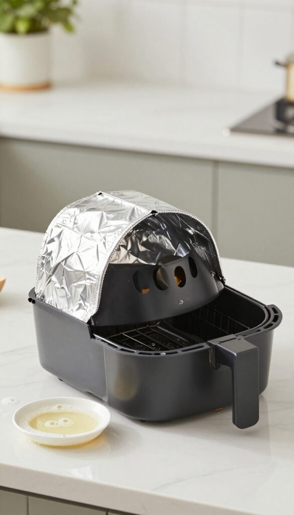 Aluminum foil ball on air fryer basket for scrubbing