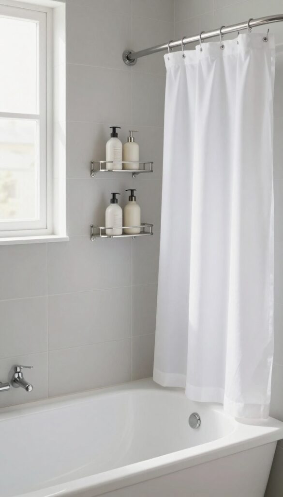 Corner shelf in shower over bath holding shampoo and soap, clean bathroom design
