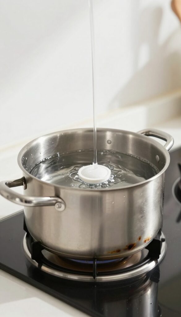 Stainless steel pot with hot water and dissolving dishwasher tablet on kitchen countertop
