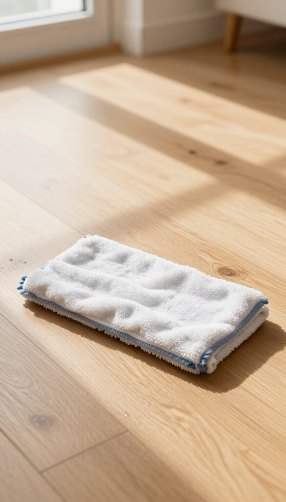 A damp microfiber mop cleaning a hardwood floor with natural light.