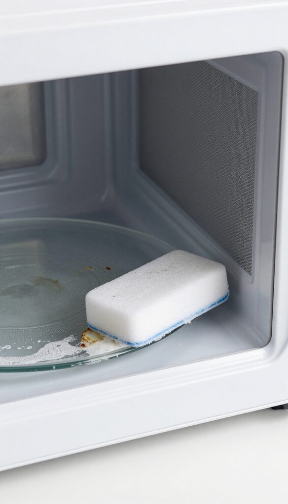 Close-up of a melamine foam eraser cleaning a baked-on stain on a microwave turntable