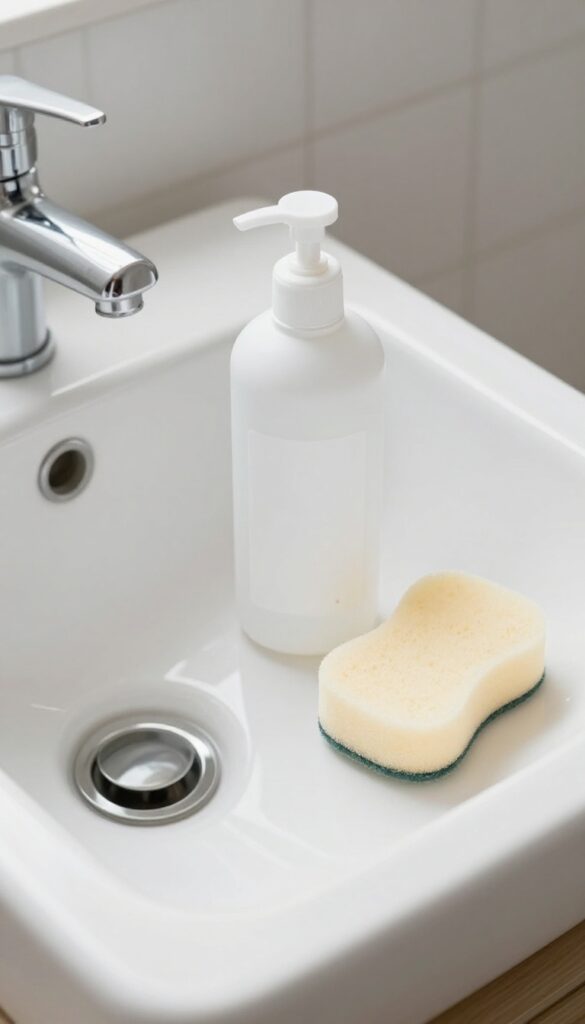 Bright natural light on a clean white porcelain sink with hydrogen peroxide bottle and sponge nearby