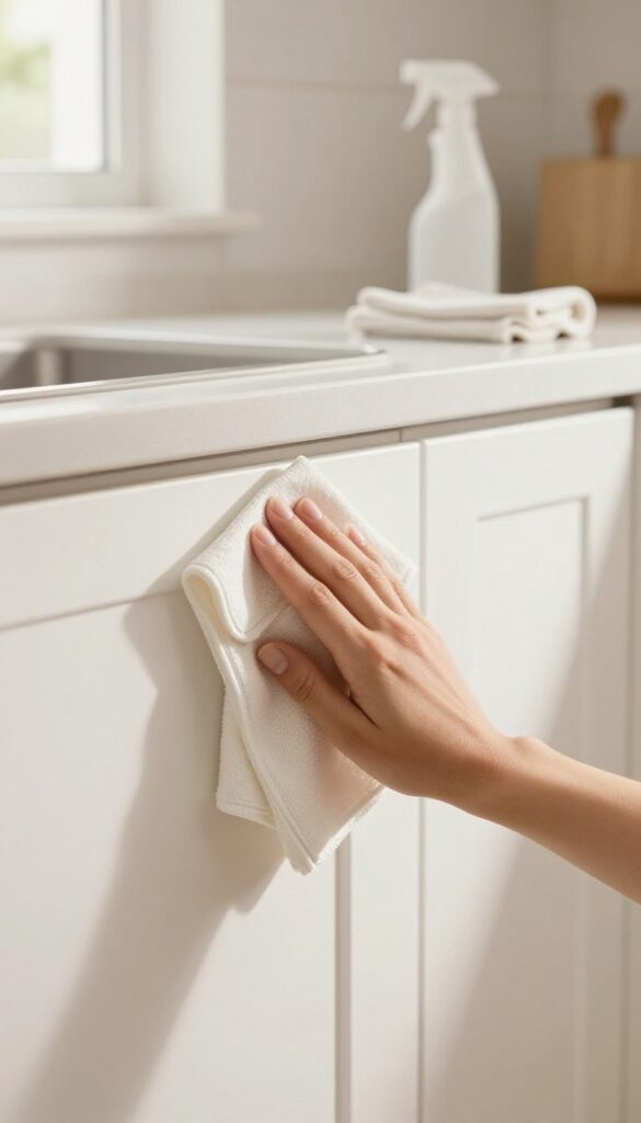 Hand wiping a kitchen cabinet door with a microfiber cloth, clean countertops and natural light.