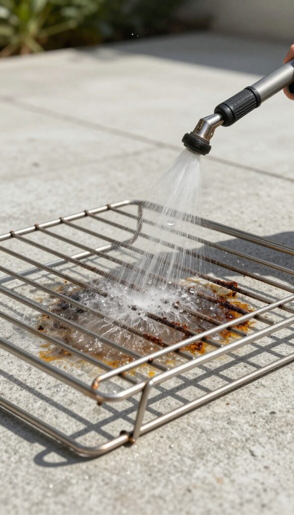 Oven rack being cleaned with a pressure washer outdoors, removing grease and rust