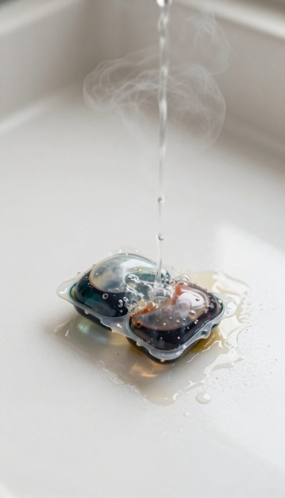 Oven floor with a dishwasher pod being soaked in boiling water to remove baked-on grime.
