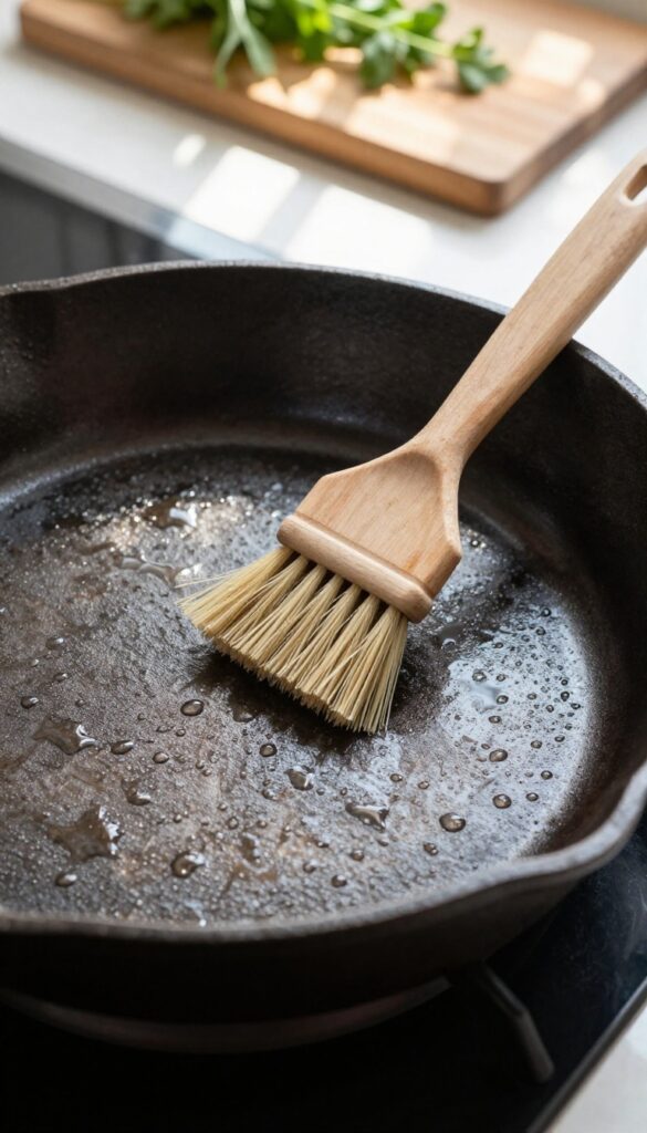 Cast iron skillet with a stiff nylon brush for everyday cleaning